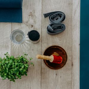 Yoga blocks and strap on floor
